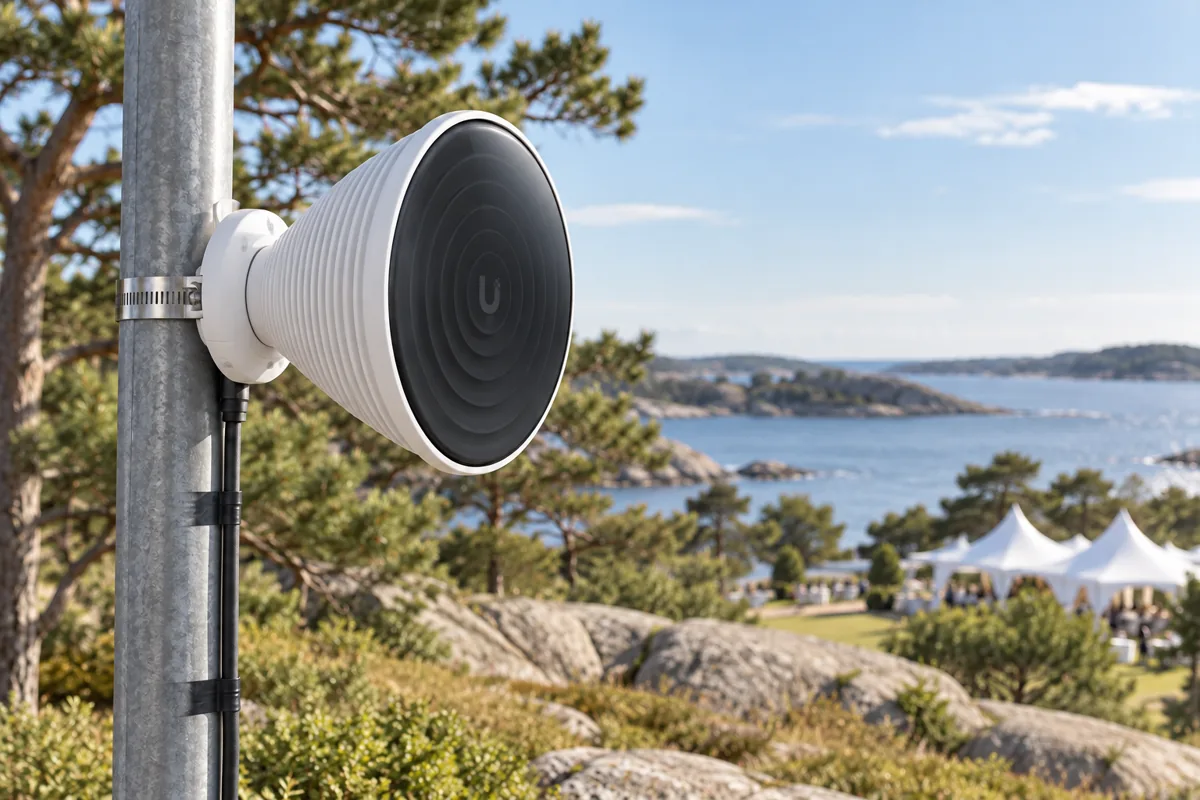 AI-illustrasjon av nettverksutstyr på en stolpe i et kystnært festivalområde